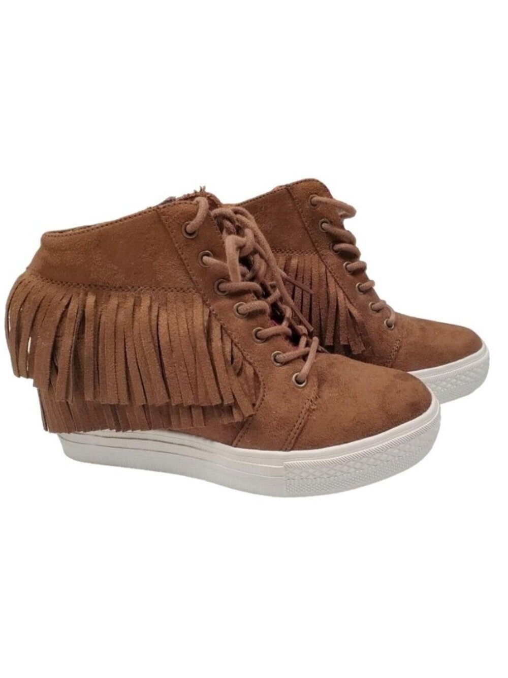 Not Rated Nick Brown Micro Suede Fringe Hidden Lift Wedge Lace Up Booty Sneakers